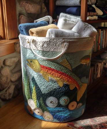 Dancing Waters Quilted Laundry Hamper - Coastal Foldable Fabric Basket With Zip Closure, Sturdy Handles & Serene Wave Pattern