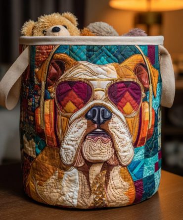 Dapper Bulldog Quilted Laundry Hamper – Stylish Pet-Themed Foldable Laundry Basket With Washable Liner & Reinforced Handles For Home
