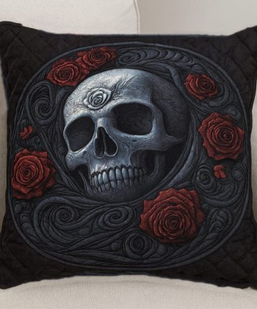Dark Rose Skull Quilted Pillow Cover , Edgy Floral Skull Throw Pillowcase – Gothic Chic Accent, Soft Quilted Texture (Square)