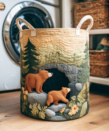 Dark Cave Bear Quilted Laundry Hamper — Rustic Bear Print Fabric Basket, Sturdy Collapsible Organizer For Cabin & Home