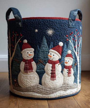 Dark Snowman Forest Quilted Laundry Hamper - Moody Snowman Forest Print Storage Basket, Quilted Collapsible Laundry Organizer
