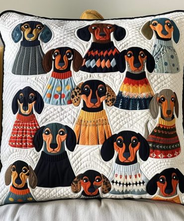 Dashie In Sweater Quilted Pillow Cover — Adorable Sweater-Wearing Dachshund Throw Pillowcase, Soft Quilted Texture For Pet Lovers & Cozy Rooms