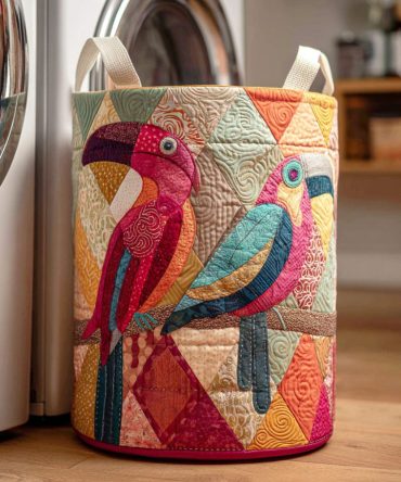 Dawn Parrot Quilted Laundry Hamper - Vibrant Foldable Fabric Basket With Strong Handles For Playful, Practical Home Storage