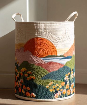 Daybreak Dreams Quilted Laundry Hamper — Soft Sunrise Pattern Storage Basket, Collapsible Fabric Hamper For Bright Bedrooms