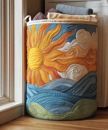 Daylight Mountain Quilted Laundry Hamper — Scenic Cotton Storage Basket With Handles, Collapsible Organizer For Clothes & Linens