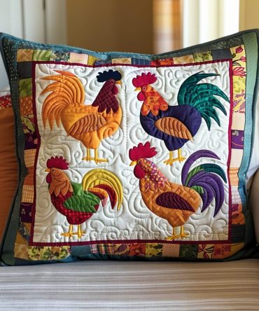 Dazzling Chicken Quilted Pillow Cover — Bold Rooster & Hen Cushion Case, Eye-Catching Quilted Throw Accent For Colorful Home Interiors