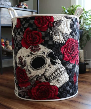 Death Bloom Quilted Fabric Laundry Hamper — Large Floral Skull-Accent Collapsible Basket With Handles, Decorative Room Organizer, Durable