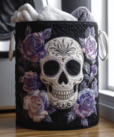 Death Blossom Quilted Laundry Hamper — Dark Floral Fabric Basket, Collapsible Tattoo-Inspired Laundry Storage For Stylish Rooms