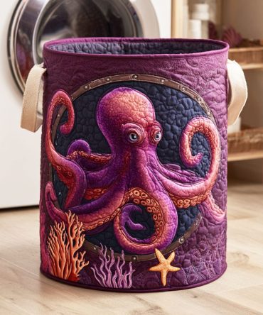 Deep Octopus Quilted Laundry Hamper - Dark Ocean Octopus Design Fabric Basket With Handles, Durable Nautical Storage For Home & Dorm