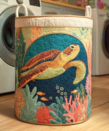 Deep Sea Turtle Quilted Laundry Hamper – Ocean-Themed Collapsible Fabric Storage Basket With Handles For Kids, Beach Houses & Bathrooms