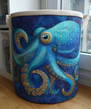 Deepsea Octopus Quilted Laundry Hamper - Deep Blue Quilted Storage Basket, Foldable Design With Waterproof Liner & Sturdy Handles For Bathroom