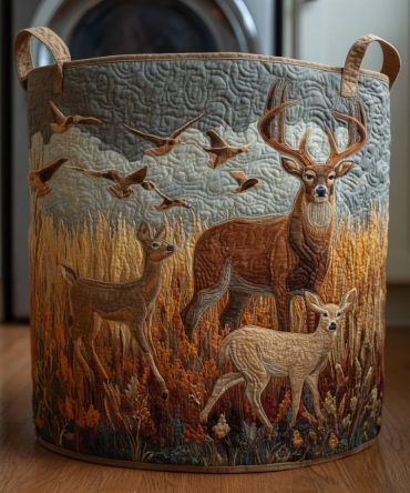 Deer Autumn Sky Quilted Laundry Hamper — Rustic Autumn Deer Print Foldable Laundry Basket, Washable Storage Hamper For Cabin, Living Room & Bedroom