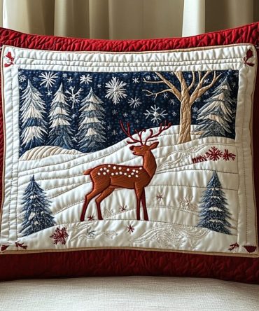 Deer Haven Quilted Pillow Cover — Tranquil Deer Scene Quilted Throw Pillowcase For Cozy Lodge, Cabin & Holiday Accents