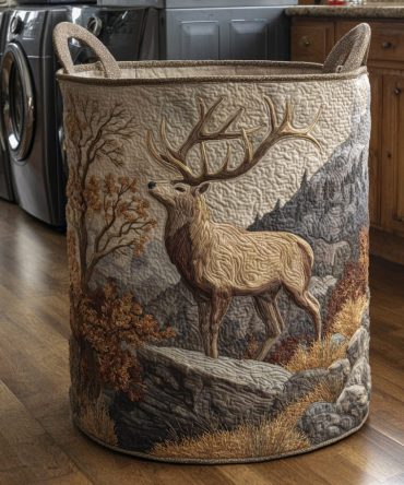 Premium Deer Mountain Quilted Laundry Hamper — Foldable Durable Storage Basket With Handles & Machine-Washable Liner For Home