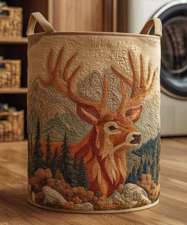Deer Rocky Ascent Quilted Laundry Hamper — Rugged Foldable Laundry Basket With Deer Motif, Durable Washable Storage For Cabin, Bedroom & Outdoorsy Homes