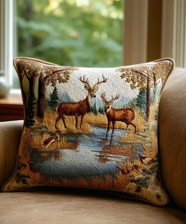 Deer Valley Quilted Pillow Cover — Majestic Deer & Mountain Scene Decorative Throw For Lodge, Cabin Or Rustic Home, Warm Quilted Accent
