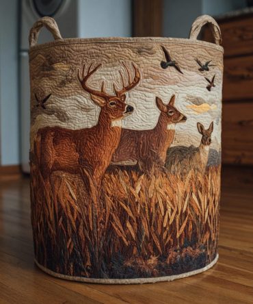 Deer Meadow Quilted Laundry Hamper — Wild Grass & Deer Print Foldable Storage Bin With Durable Quilting, Reinforced Handles & Breathable Interior
