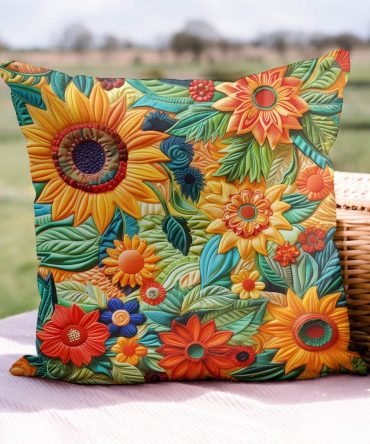 Delightful Sunflowers Quilted Decorative Pillow Cover — Bright Floral Throw Pillowcase For Sunny Kitchen, Porch & Living Room