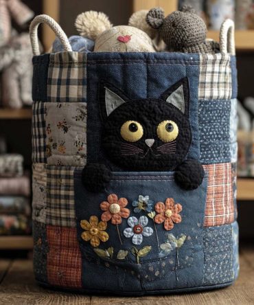 Casual Denim Quilted Laundry Hamper — Denim Kitty Motif, Foldable Fabric Storage With Sturdy Handles & Modern Rustic Style