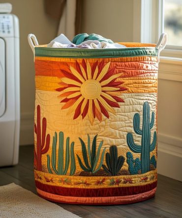 Handcrafted Quilted Laundry Hamper — Desert Cactus Motif , Collapsible Fabric Basket With Handles For Rustic, Boho & Outdoor Home Decor