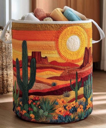 Desert Dream Cactus Quilted Laundry Hamper — Boho Cactus Pattern, Collapsible Quilted Basket For Dorms, Bedrooms & Bohemian Decor