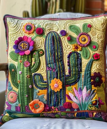 Desert Dreamscape Quilted Pillow Cover — Artistic Cactus Throw Pillowcase For Cozy, Southwestern & Bohemian Living Spaces