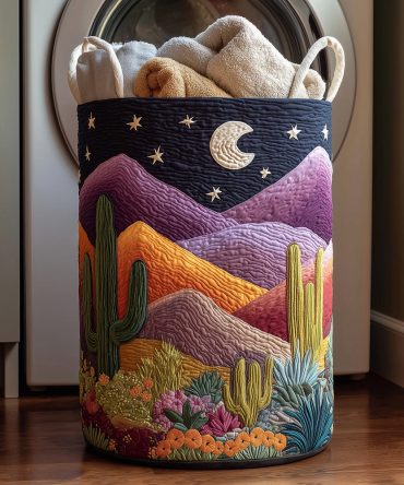 Desert Dreamscape Quilted Laundry Hamper — Earthy Quilted Fabric Laundry Basket With Handles, Sturdy & Foldable For Small Spaces