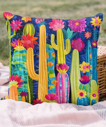 Desert Flora Fiesta Quilted Pillow Cover – Cactus & Wildflower Boho Cushion Case For Southwestern Home & Patio