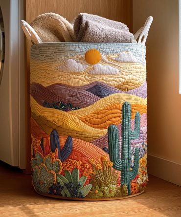 Desert Horizon Quilted Laundry Hamper — Sand-Toned Quilted Fabric Laundry Basket With Handles, Durable & Space-Saving