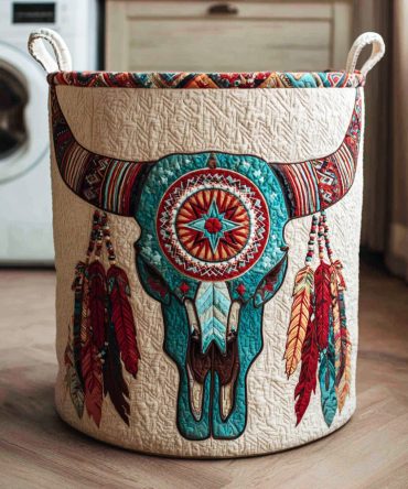 Desert Skull Symbol Quilted Laundry Hamper — Edgy Southwestern Fabric Basket, Foldable Organizer For Stylish Home & Dorm Storage