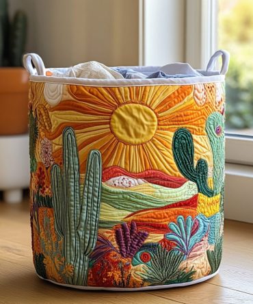 Desert Sunrise Quilted Laundry Hamper — Warm Sunset Toned Fabric Basket With Handles, Collapsible Storage For Cozy Home Decor
