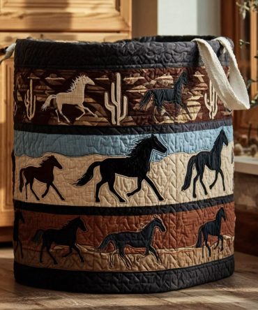 Desert Stallion Quilted Fabric Hamper , Large Collapsible Laundry Basket With Reinforced Handles, Stylish Southwestern Home Storage