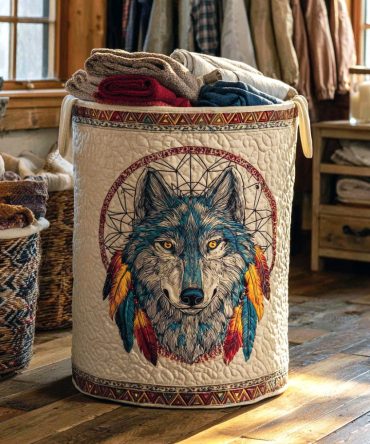 Desert Wolf Quilted Laundry Hamper – Rustic Wolf Motif Fabric Basket With Reinforced Handles, Foldable Storage For Cabin & Home Decor