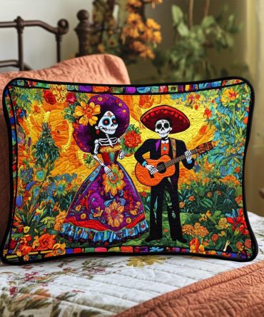 Dia De Los Muertos Quilted Pillowcase – Colorful Sugar Skull Cushion Cover With Folk Art Motifs, Durable Quilting For Altars & Festive Home Décor