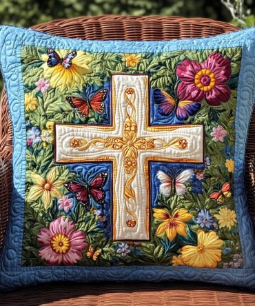 Divine Cross Quilted Pillow Cover - Elegant Embroidered Cross Decorative Throw Pillow Sham, Faith-Inspired Home Accent, Soft Cotton Blend