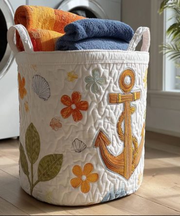 Dockside Dreams Quilted Laundry Basket Hamper – Harbor-Inspired Foldable Clothes Bin, Quilted Organizer With Handles, Lightweight & Collapsible