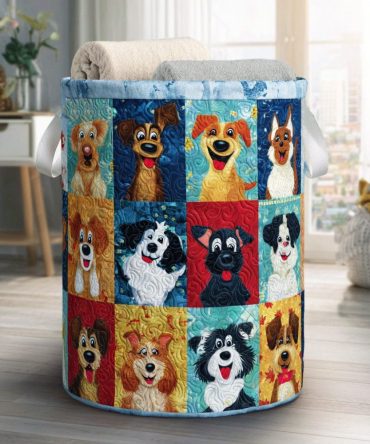 Dog Squad Quilted Laundry Hamper – Durable Foldable Dog Print Laundry Basket For Pet Owners, Bedrooms & Gift