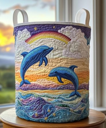 Dolphin Crest Quilted Laundry Hamper - Large Collapsible Storage Basket With Handles, Playful Dolphin Motif For Beachy & Kids Rooms
