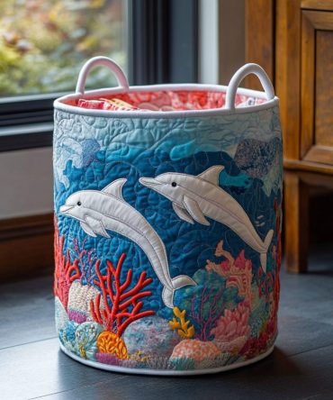 Dolphin Drift Quilted Laundry Hamper — Ocean Dolphin Quilted Laundry Basket, Foldable Beach-Themed Laundry Hamper With Sturdy Handles