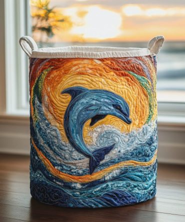 Dolphin Horizon Quilted Laundry Hamper - Playful Nautical Organizer, Foldable Large Capacity With Reinforced Handles And Easy-Clean Liner