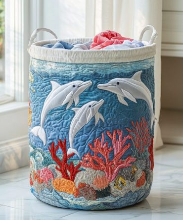 Dolphin Shore Quilted Laundry Hamper — Playful Marine Print, Foldable Fabric Basket With Handles For Kids & Bathroom