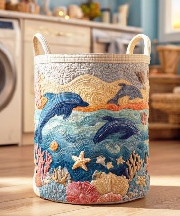 Dolphin Tide Dance Quilted Laundry Hamper – Marine-Themed Collapsible Fabric Basket, Lightweight Laundry Organizer With Carry Handles