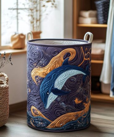 Dolphin Tide Quilted Laundry Basket - Large Foldable Storage Hamper With Handles, Nautical Dolphin Design For Home & Nursery Organization