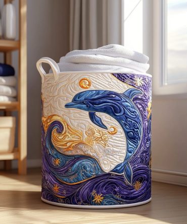 Dolphin Wave Quilted Laundry Hamper - Large Collapsible Storage Basket With Handles, Ocean Wave Dolphin Print For Stylish Home Decluttering