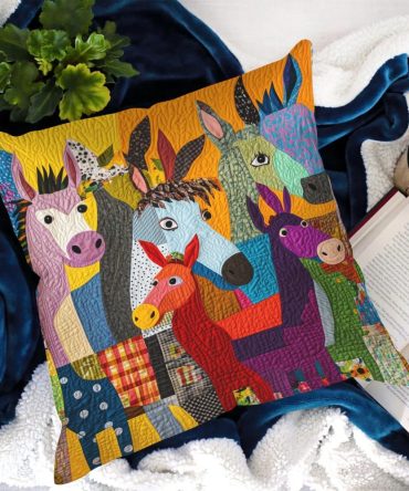 Donkey Delight Quilted Decorative Pillow Cover — Playful Farmhouse Throw Pillowcase, Soft Quilting, Durable And Machine-Washable
