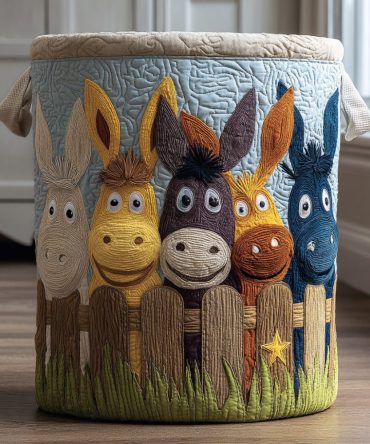 Playful Donkey Faces Quilted Laundry Hamper — Decorative Fabric Basket With Handles, Collapsible & Machine-Washable Lining