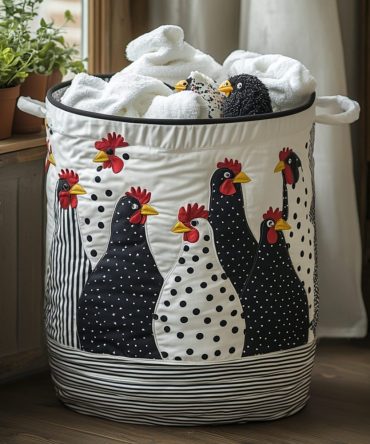 Dotty The Hen Quilted Laundry Hamper — Whimsical Hen Motif, Quilted Collapsible Fabric Basket With Carry Handles For Kitchen & Bedroom