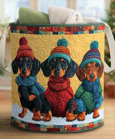 Doxie Family Quilted Laundry Hamper - Stylish, Washable Fabric Basket With Handles For Home, Kids & Pet Rooms