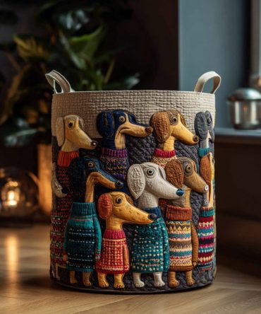 Doxie Friends Quilted Collapsible Laundry Hamper - Playful Dachshund Storage Basket, Washable & Compact With Sturdy Carry Handles