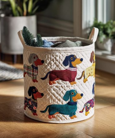 Doxie Gathering Quilted Laundry Basket — Playful Dachshund Fabric Hamper With Handles, Collapsible & Durable Lined Interior